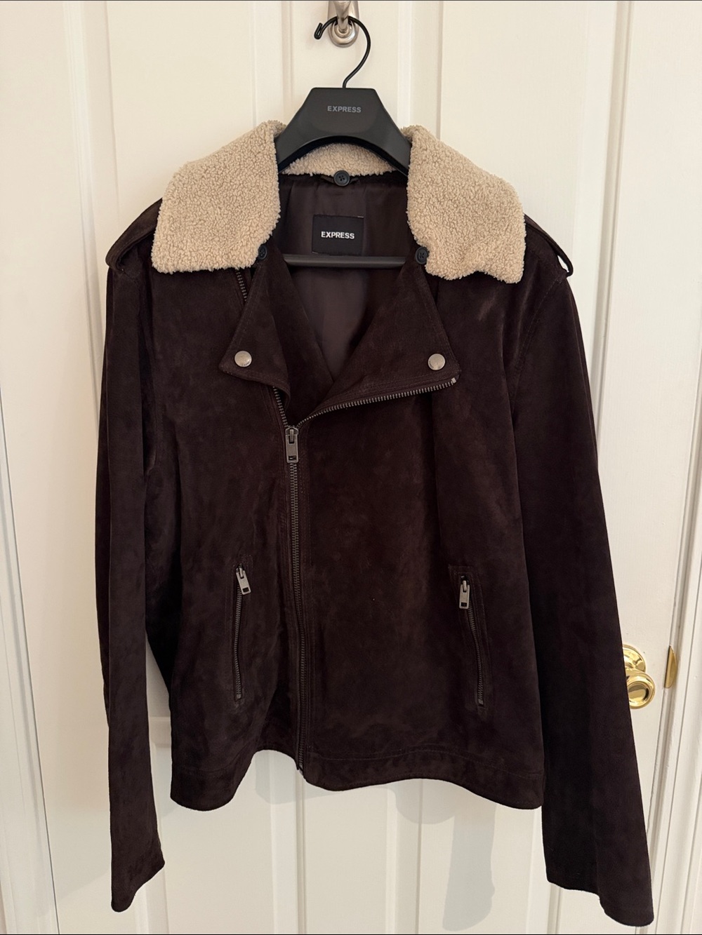 Express Men’s Dark Brown Suede Bomber Jacket with Cream Sherpa Collar